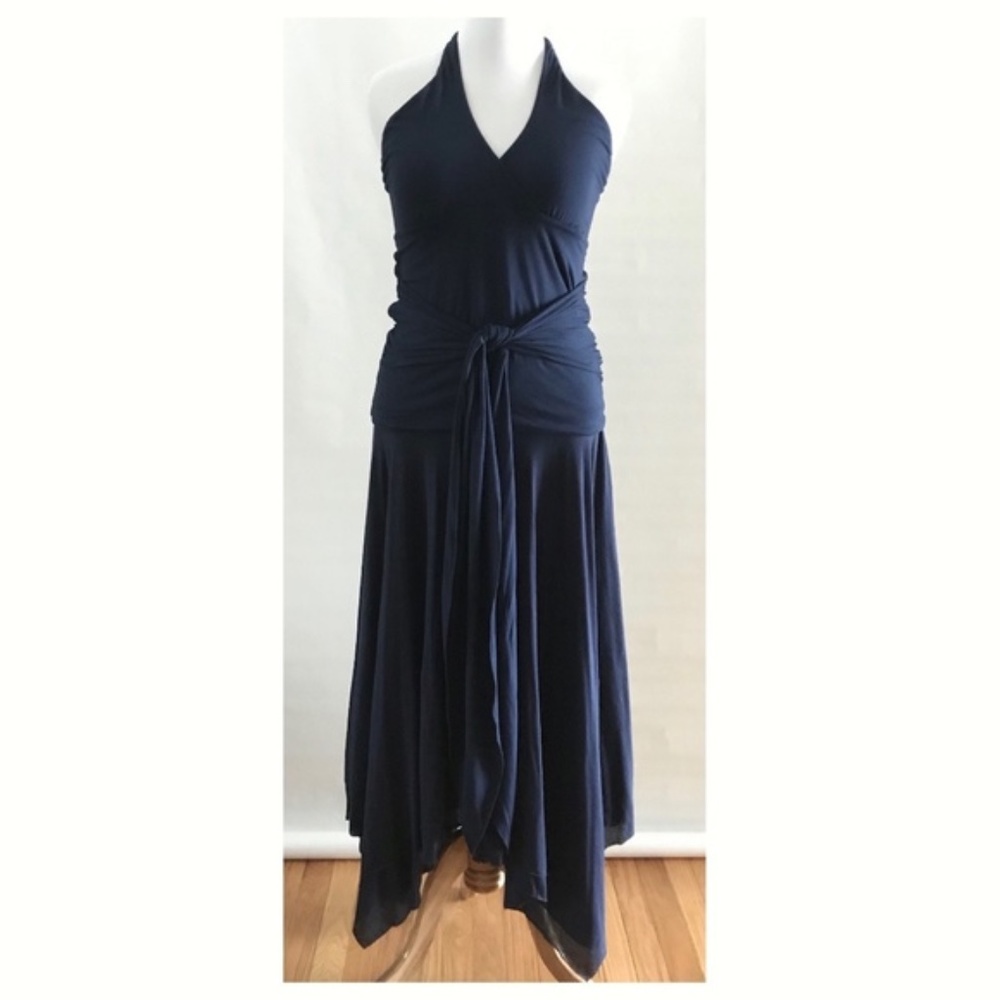 Lauren Navy Knit Halter Top and Handkerchief Skirt - Picture 2 of 9